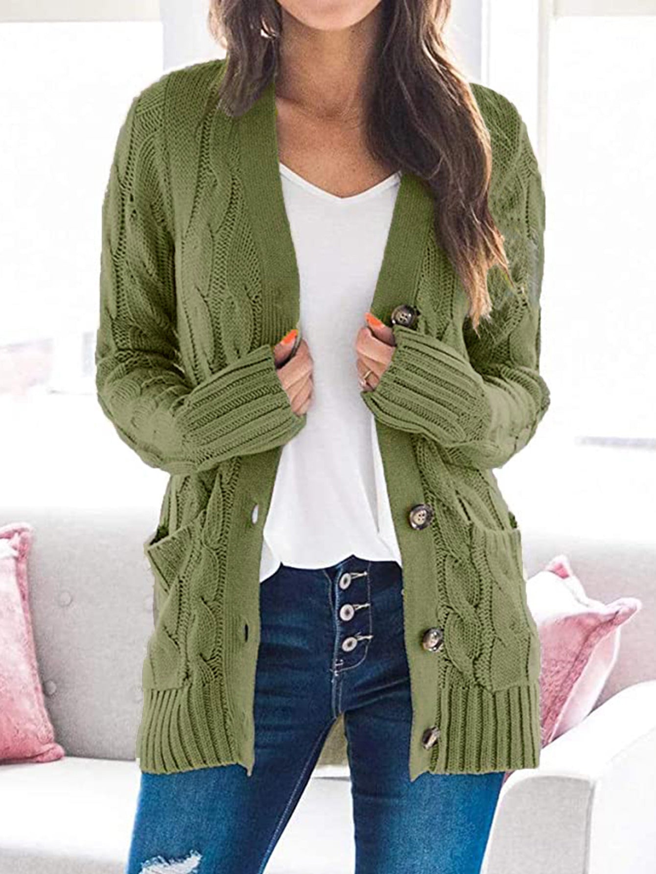 Classic Cable-Knit Buttoned Oversized Cardigan Patch Pockets