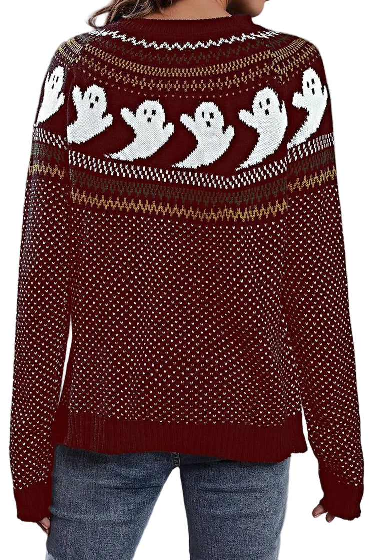 Ghost Fair Isle Nordic Crew Neck Top Long Sleeve Halloween Pullover Knit Sweater