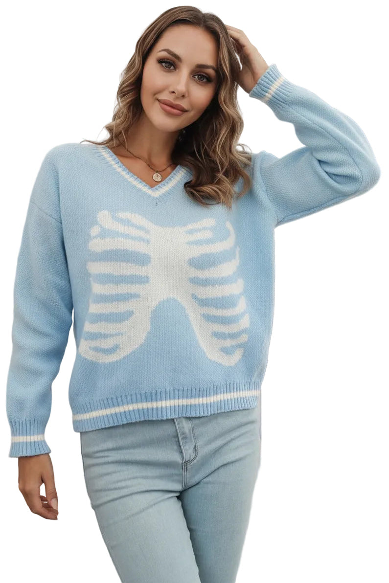 Skeleton Rib Cage V-Neck Top Long Sleeve Knit Pullover Sweater Halloween Grunge