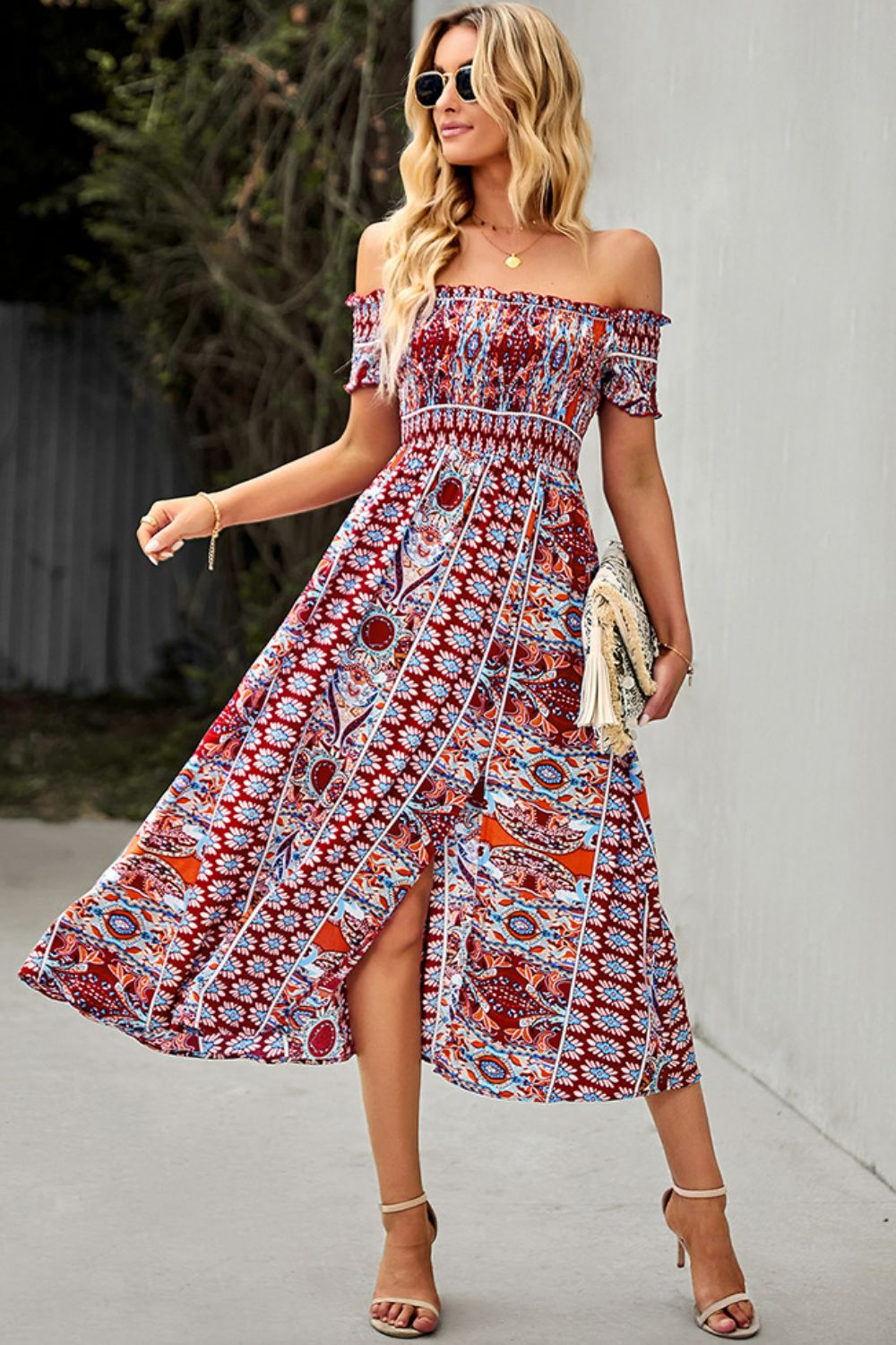 Bohemian Retro 70s Floral Smock Chest Off-Shoulder Midi Summer Dress