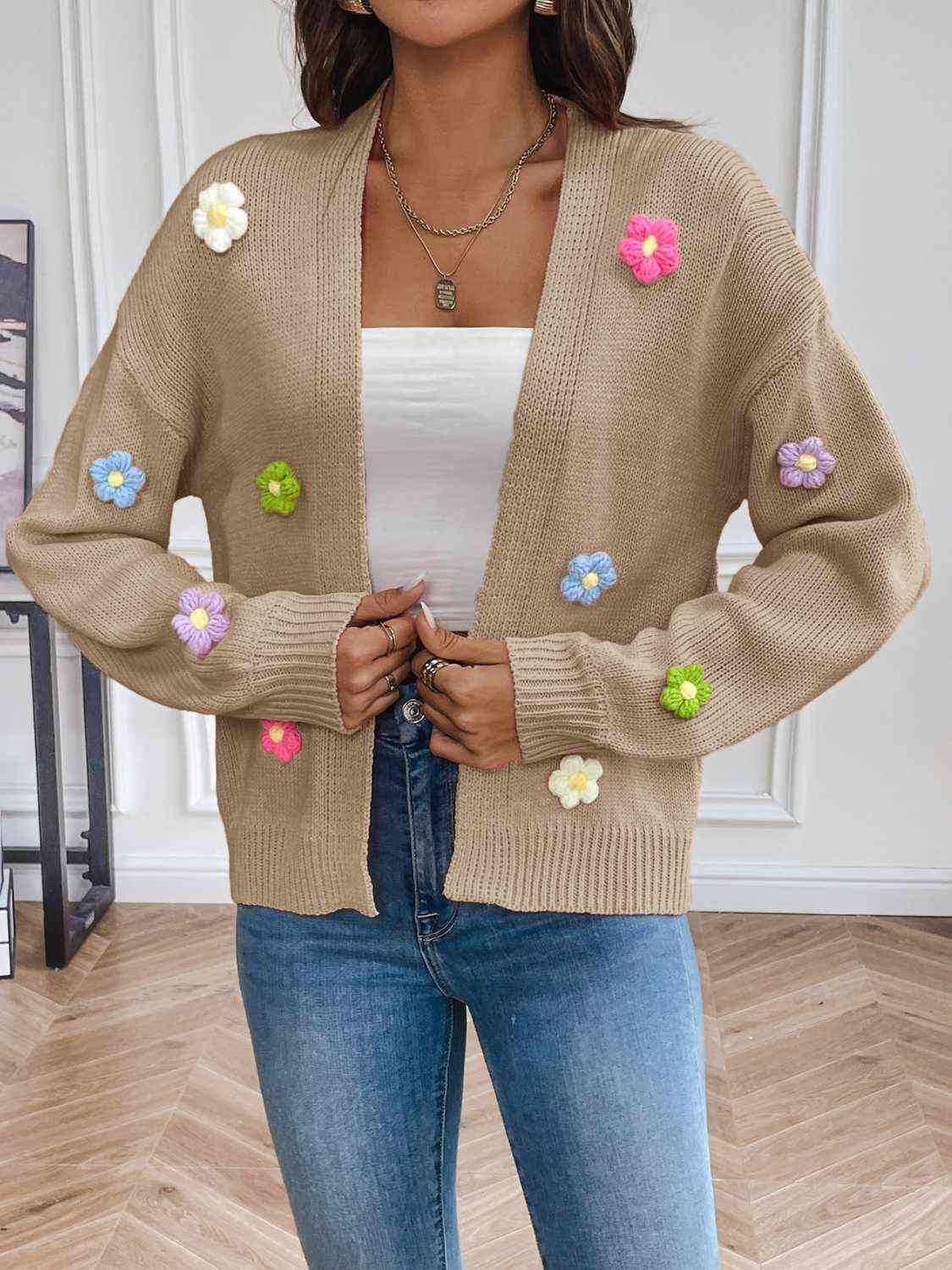 Colorful Crochet Daisy Flower Long Sleeve Open Front Waffle Knit Cardigan Sweater