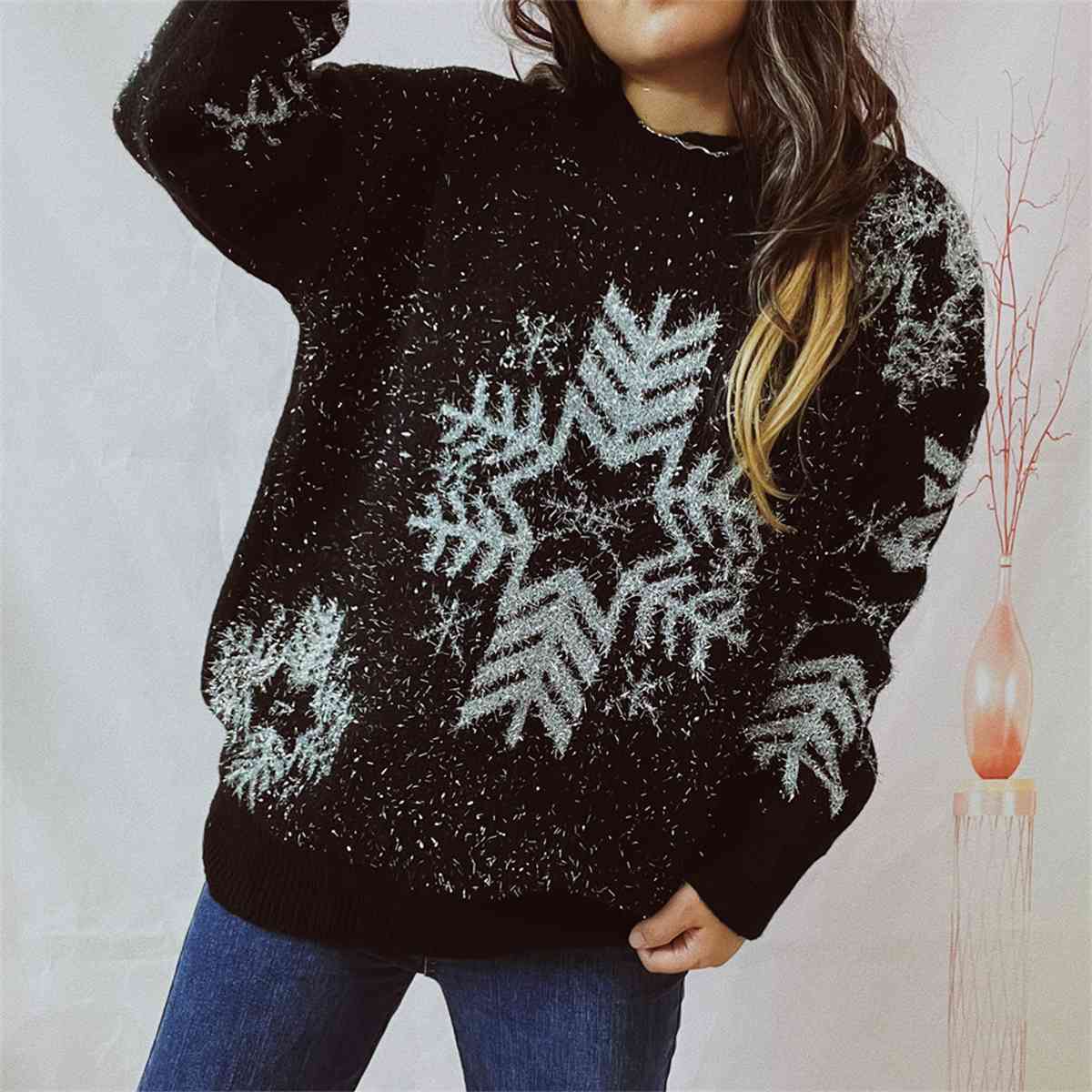 Fuzzy Contrasting Snowflake Knit Round Neck Classy Minimalist Winter Sweater