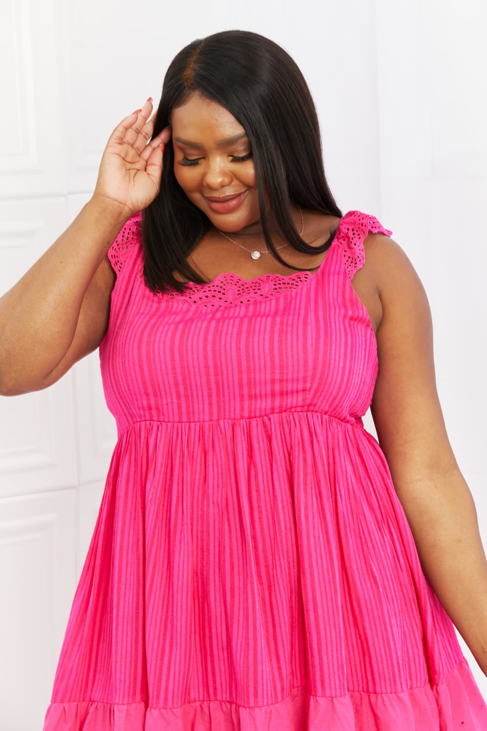 Neon Hot Pink Baby Doll Lace Ruffle Mini Dress (Plus Size Available)