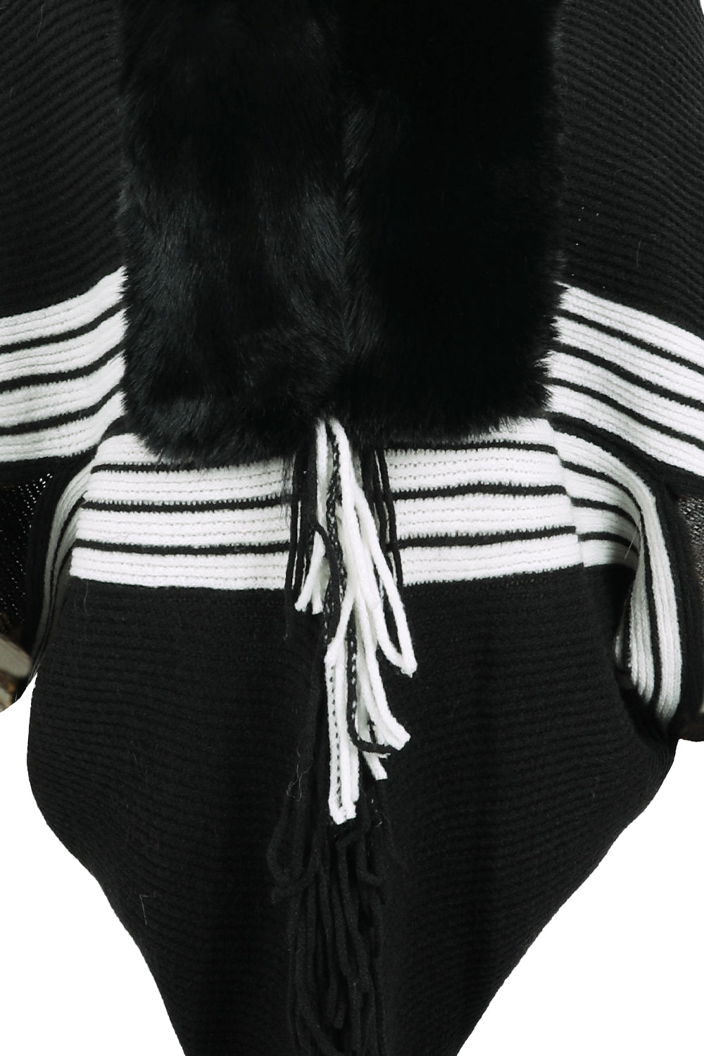 Faux Fur Fringe Hem Oversized Knit Stripe Cardigan Poncho