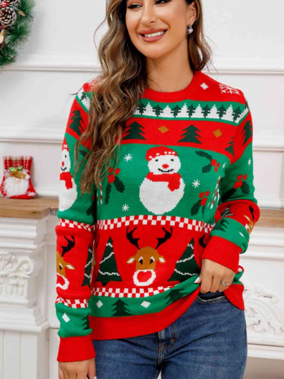 Snowman Reindeer Bold Colorful Knit Round Neck Christmas Holiday Winter Sweater