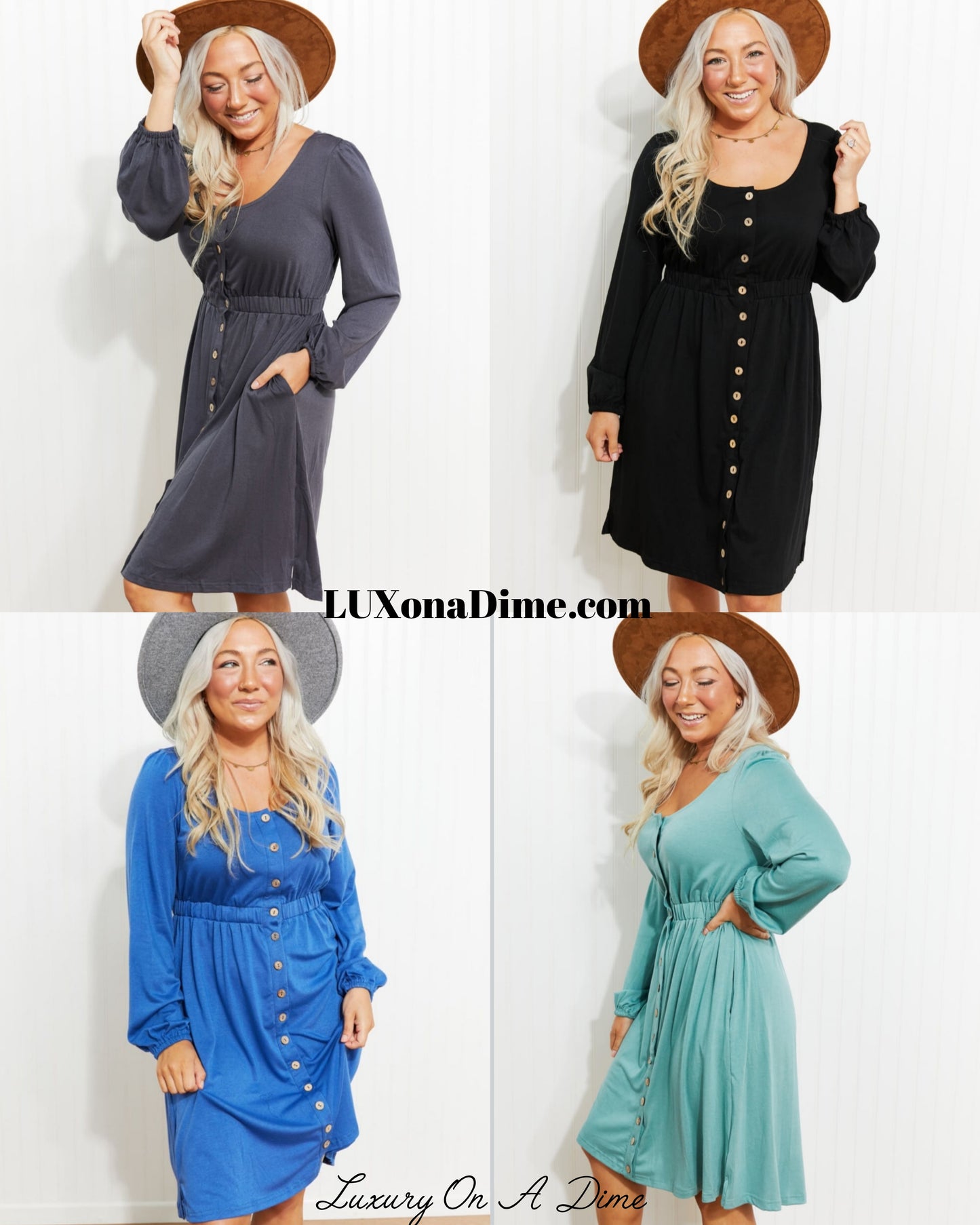 Chic Scoop Neck Empire Waist Long Sleeve Dress (Plus Size Available) in 4 Colors