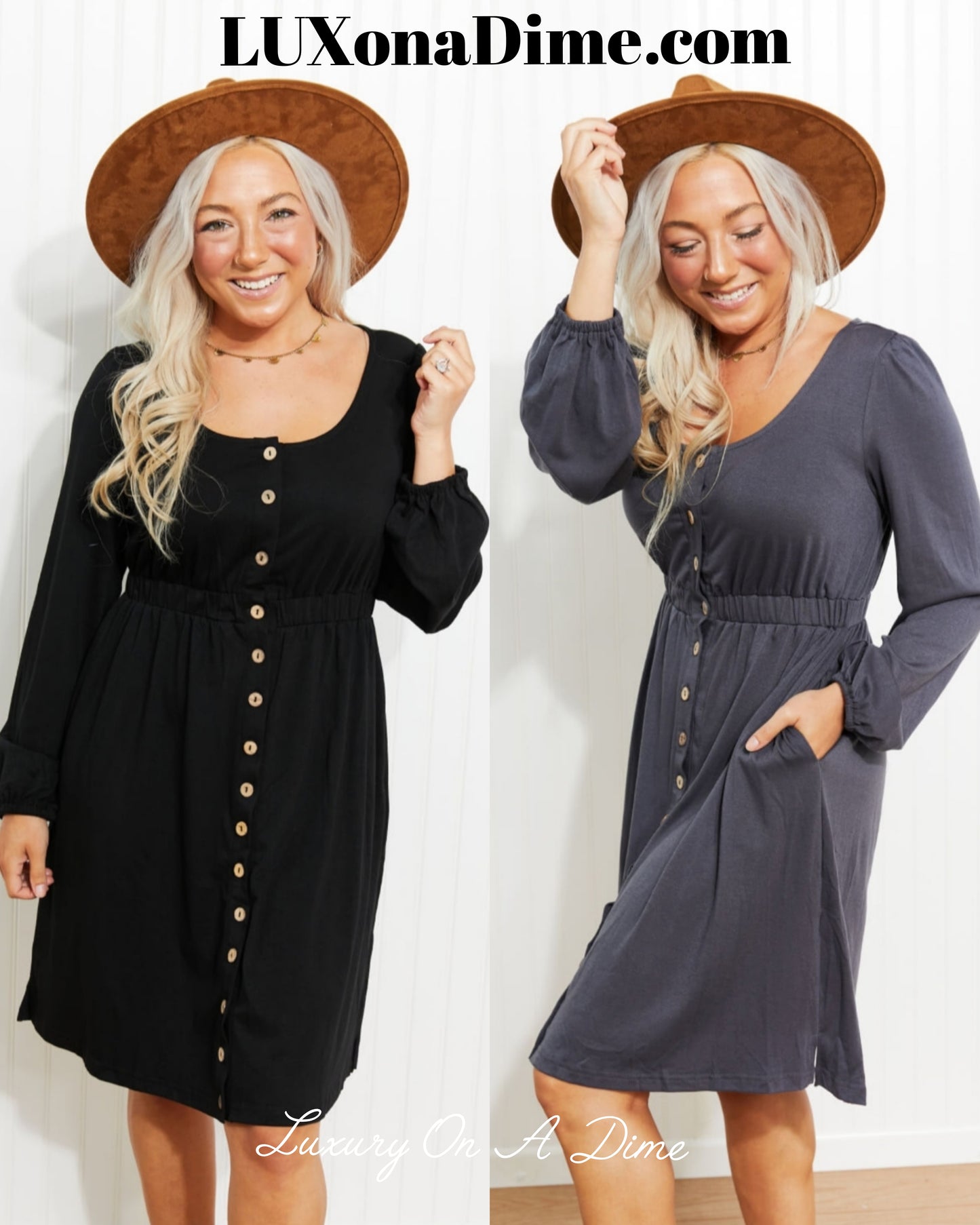 Chic Scoop Neck Empire Waist Long Sleeve Dress (Plus Size Available) in 4 Colors