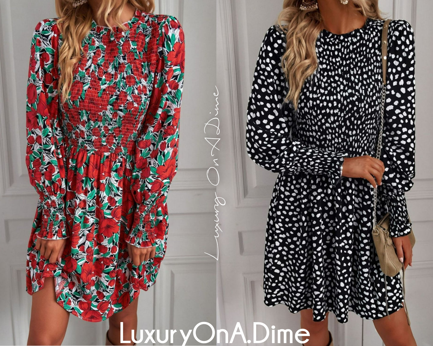 Fun Print Puff Long Sleeve Smocked Dress (4 Colors Available)