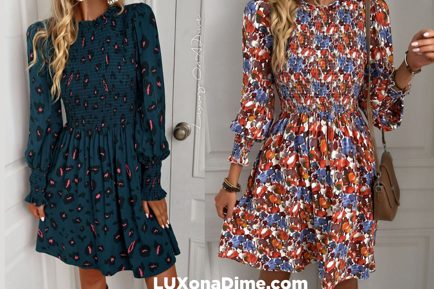 Fun Print Puff Long Sleeve Smocked Dress (4 Colors Available)