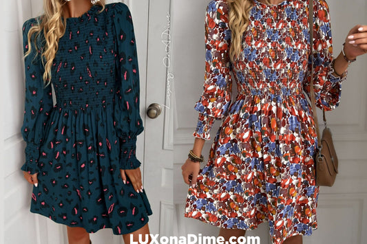Fun Print Puff Long Sleeve Smocked Dress (4 Colors Available)