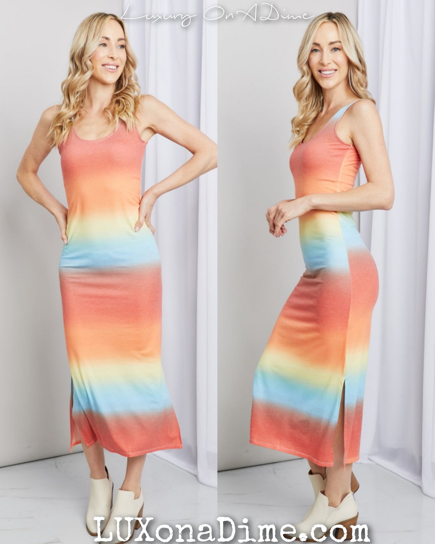 Bright Gradient Colorful Sleeveless Slit Dress