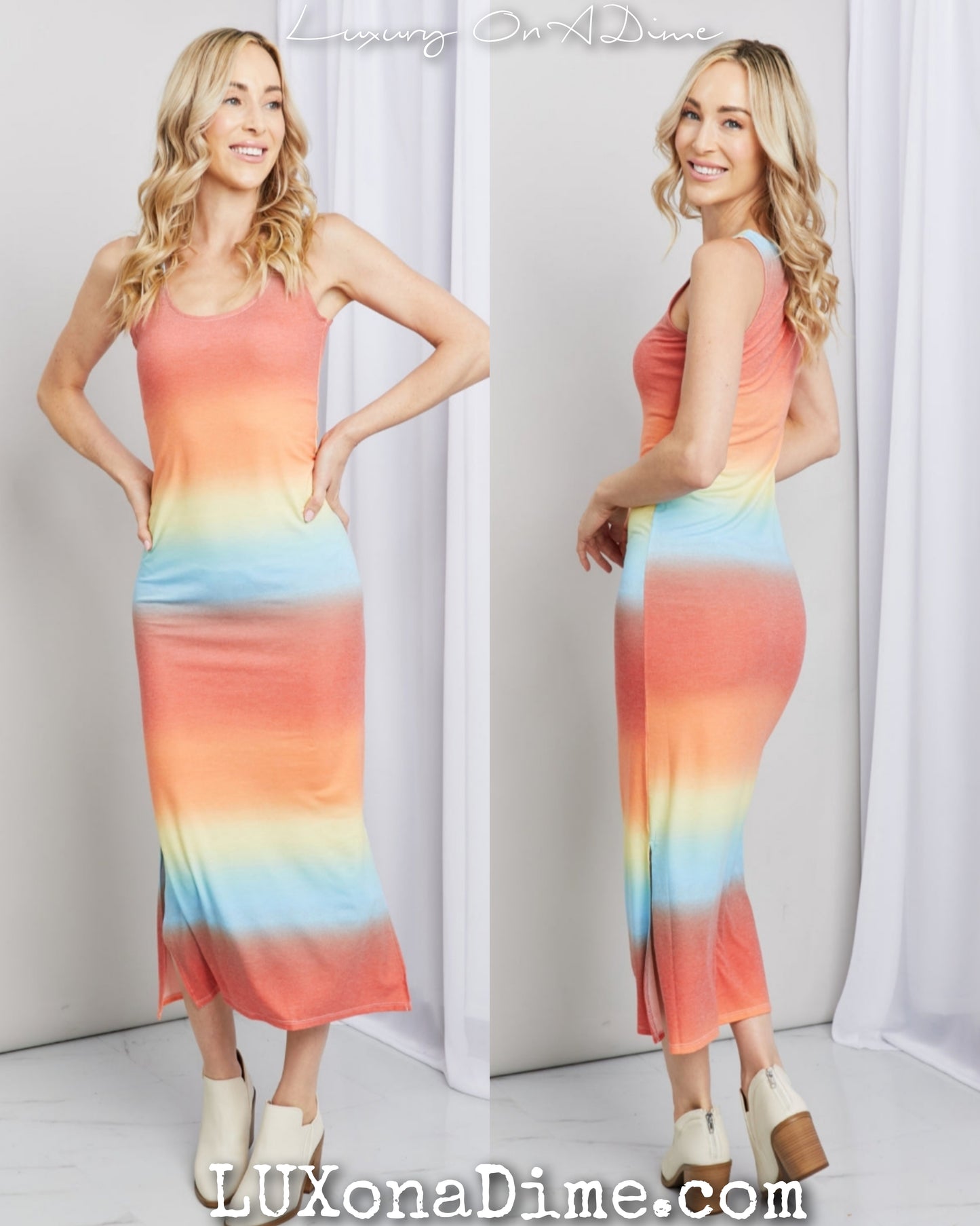 Bright Gradient Colorful Sleeveless Slit Dress