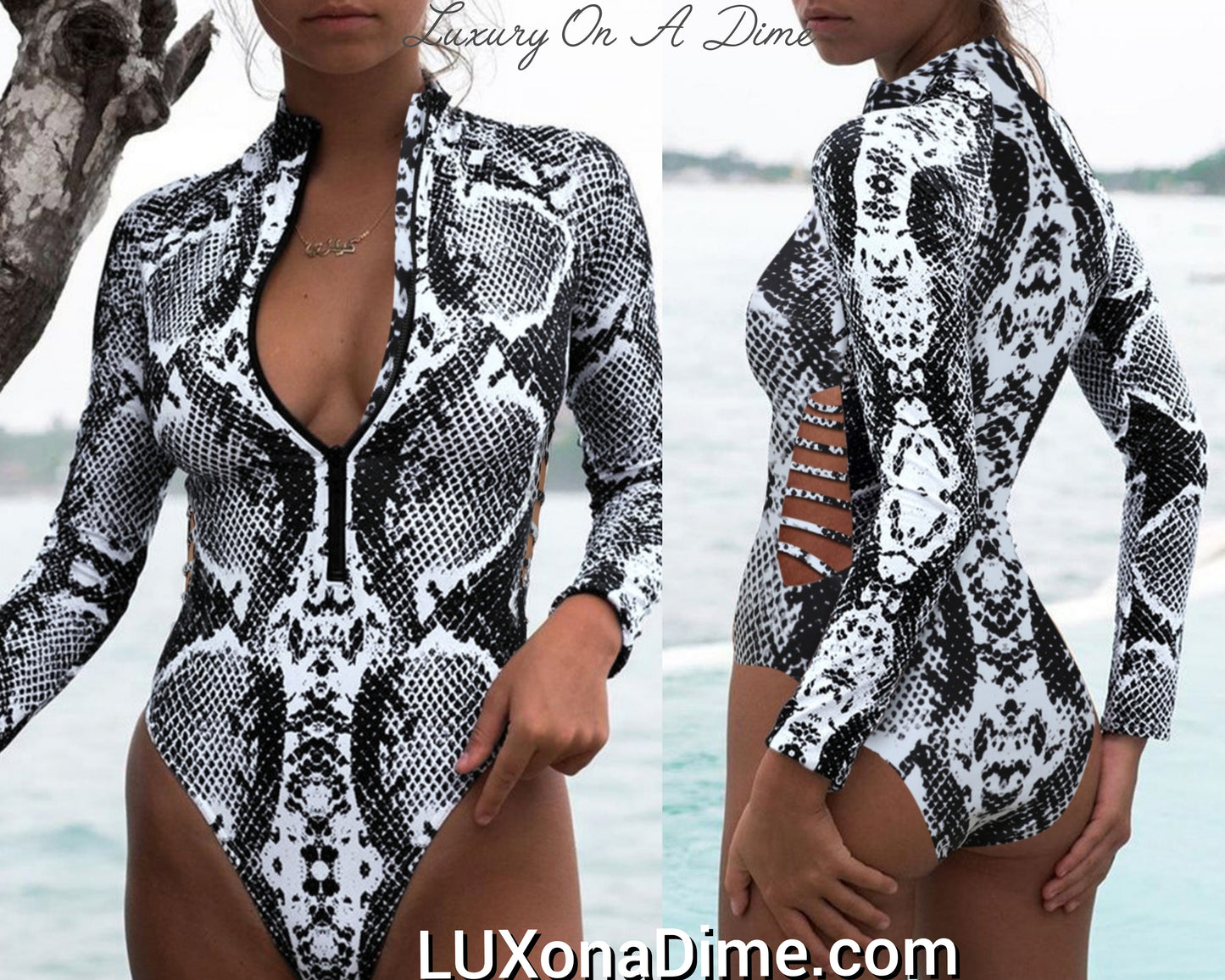 Animal Print Zipper Plunge Cut-Out Side Longsleeve Wetsuit (Plus Size Available)