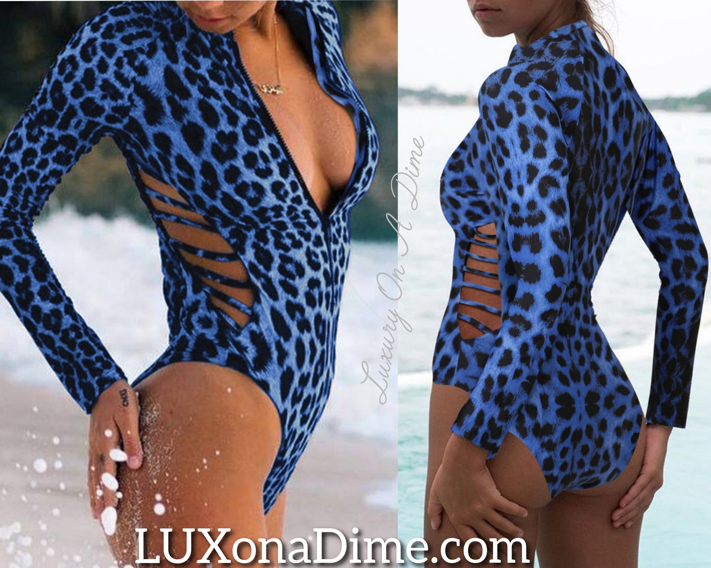 Animal Print Zipper Plunge Cut-Out Side Longsleeve Wetsuit (Plus Size Available)