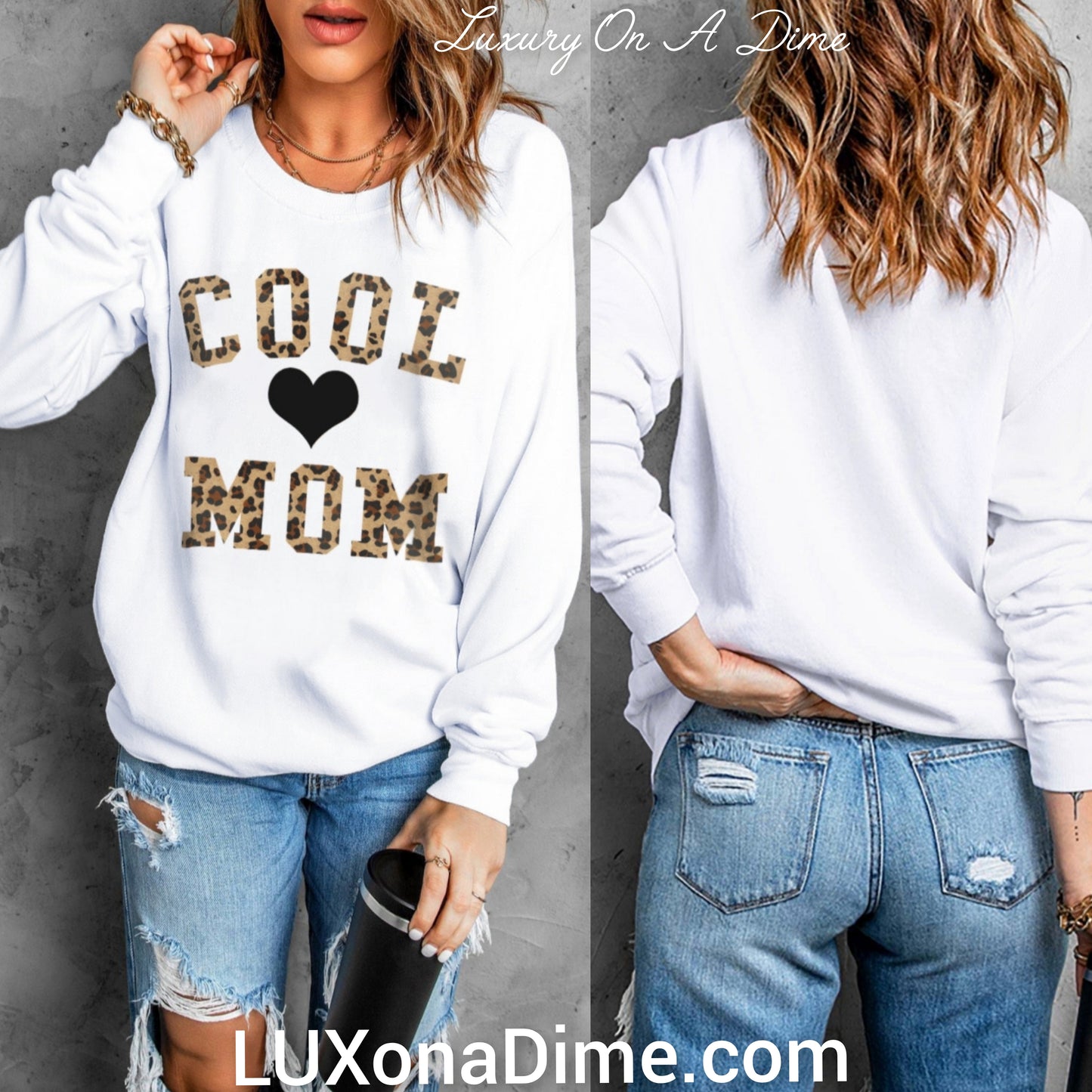 Leopard COOL MOM Heart Graphic Pullover Sweatshirt Top (Plus Size Available)