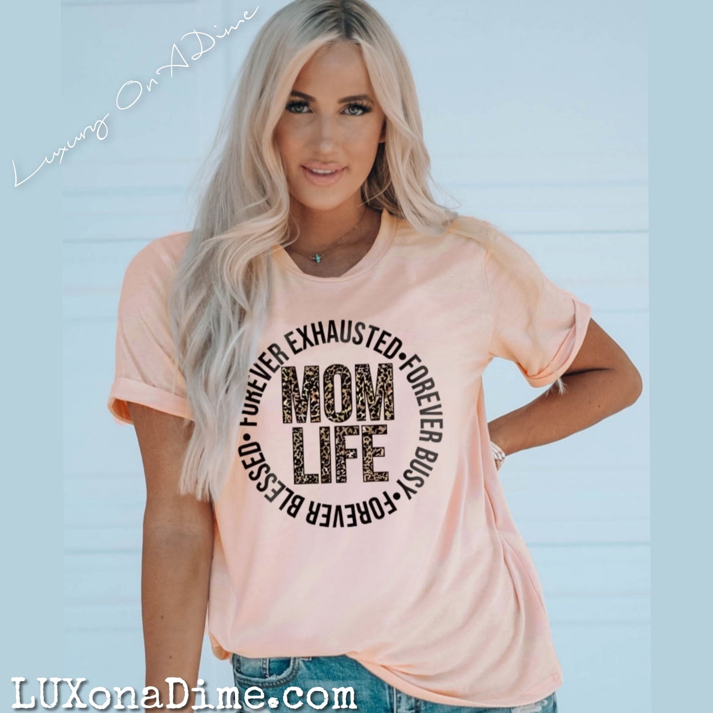 MOM LIFE Exhausted Busy Blessed Leopard Graphic Tee