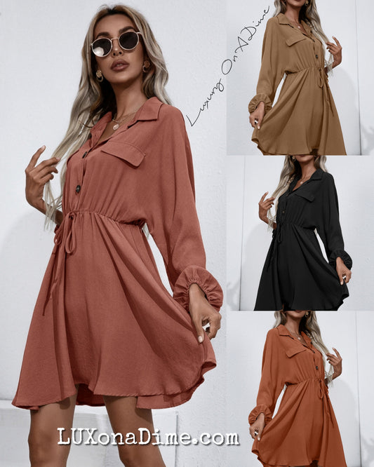 Oversized Button Front Collared Long Sleeve Shirt Dress
(4 Colors Available)