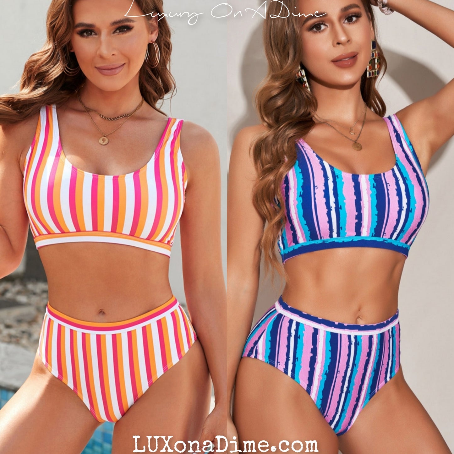 Bright High-waist Bikini Set Colorful Stripe Swimsuit