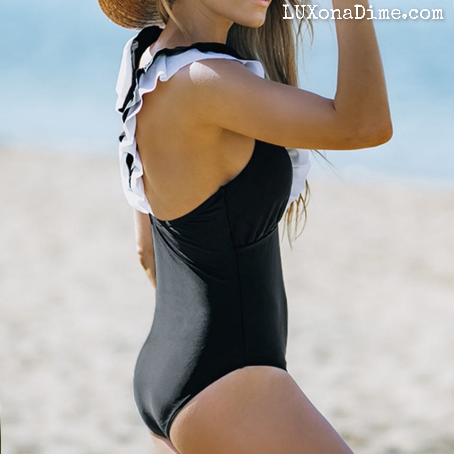 Ruffled Shoulder Plunging V-neck One-Piece Swimsuit