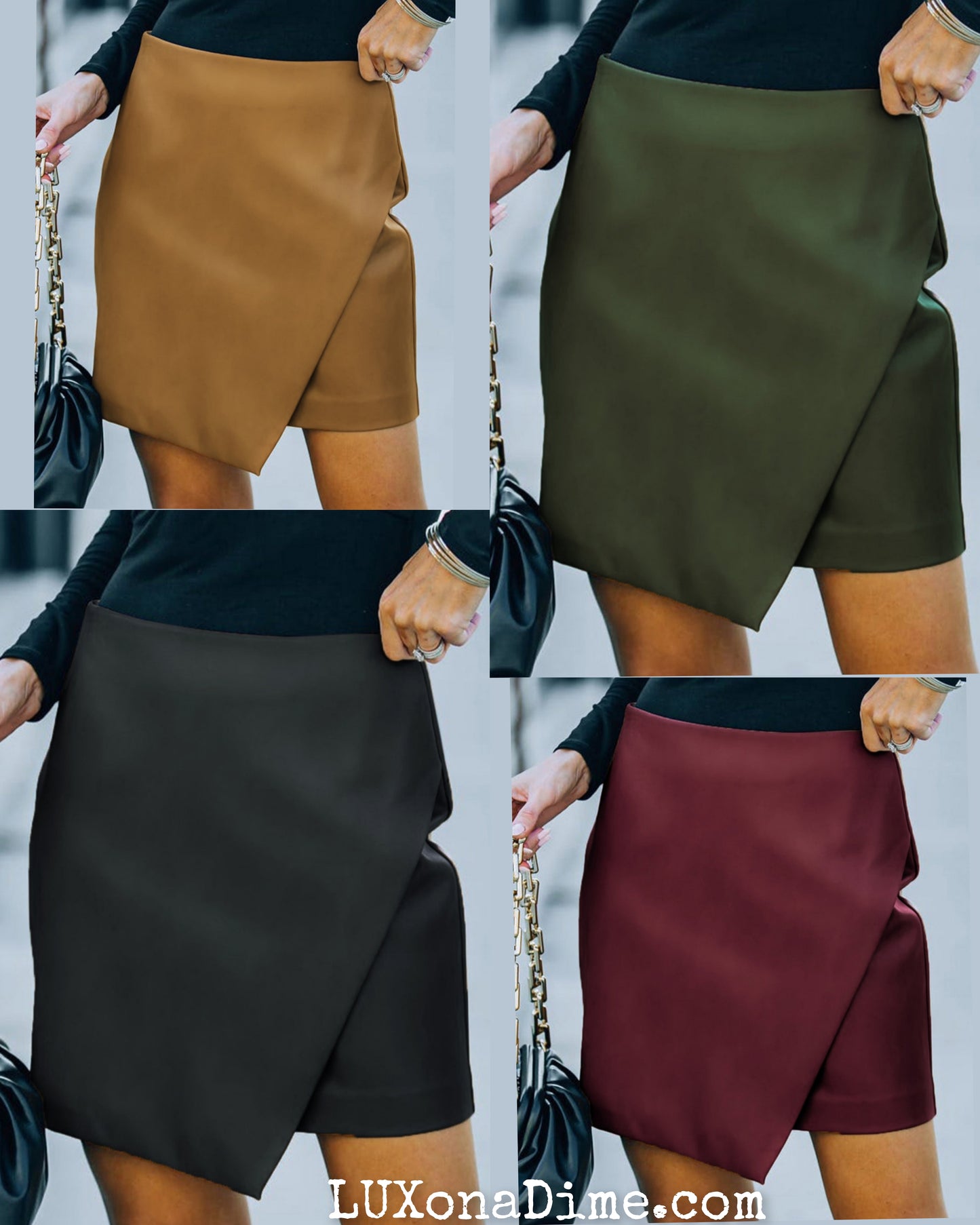 Vegan Leather Faux Wrap Asymmetrical Mini Skirt (4 Colors Available)