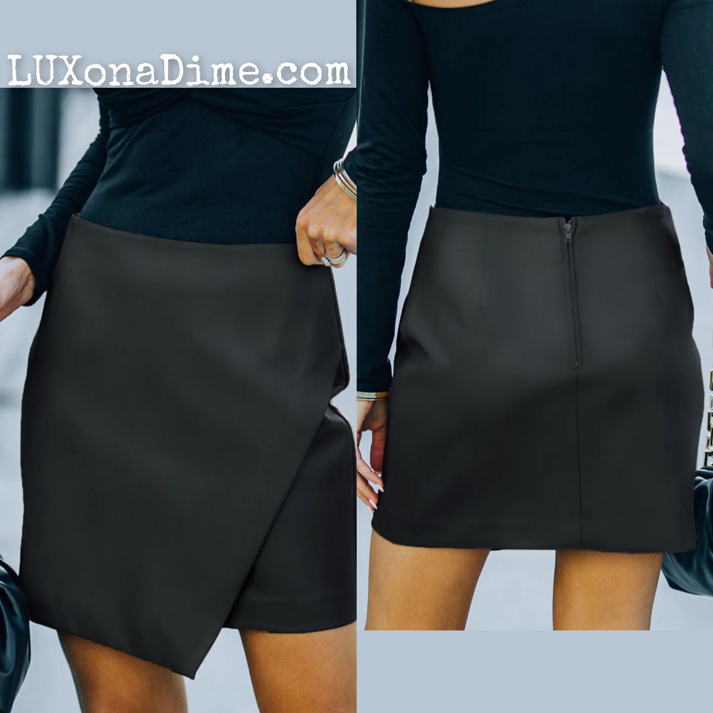 Vegan Leather Faux Wrap Asymmetrical Mini Skirt (4 Colors Available)