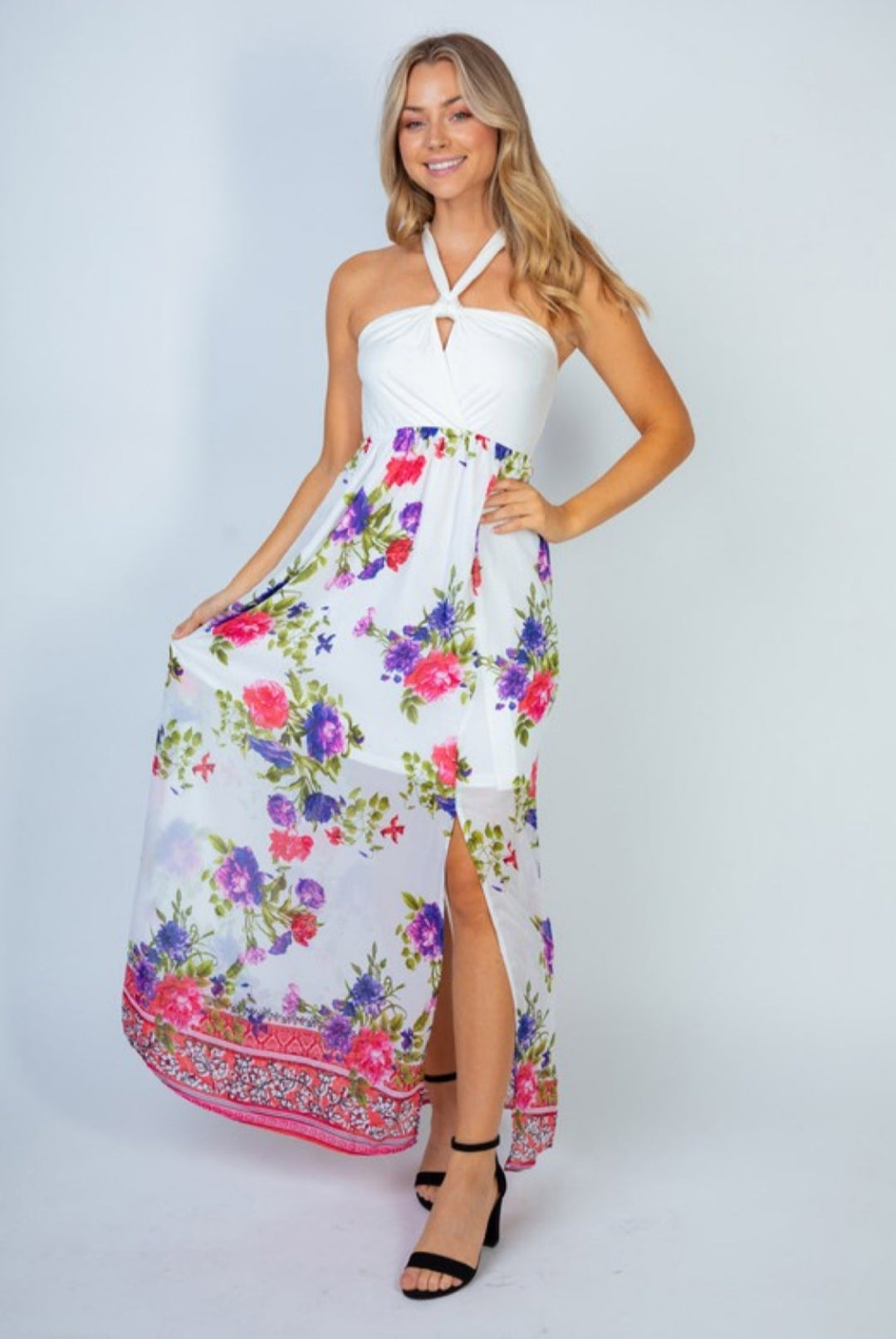 Floral Keyhole Halter Dress Colorful Sheer Mini Mock Maxi (Plus Size Available)