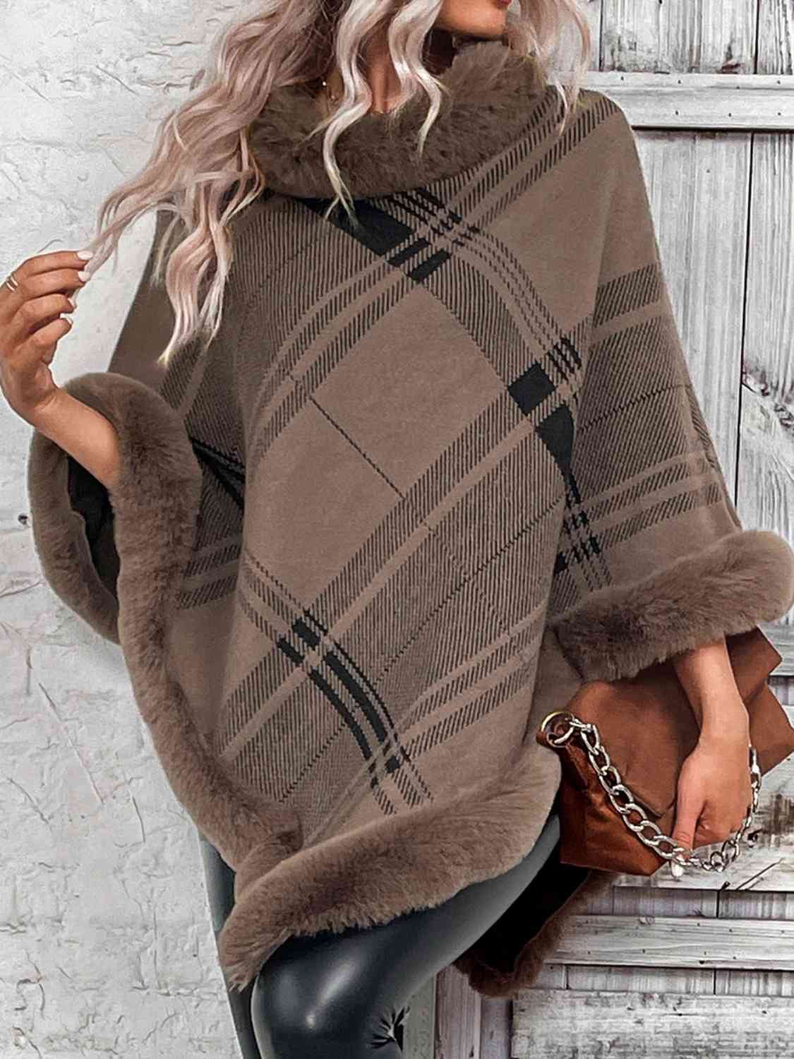 Plush Faux Fur Plaid Stripe Oversized Pullover Sweater Jacket Poncho