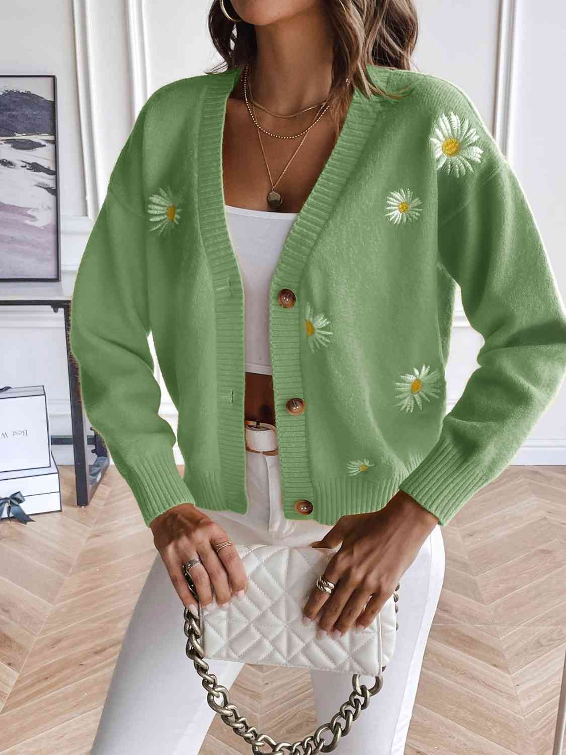 Embroidered Cropped Knit Button Front Retro Long Sleeve Soft Cardigan