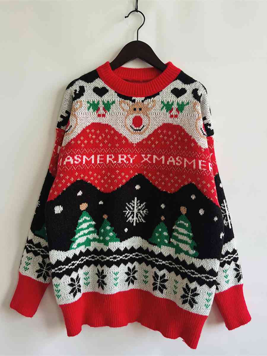 Merry Xmas Red Nose Reindeer Knit Round Neck Holiday Fair Isle Christmas Night Sweater