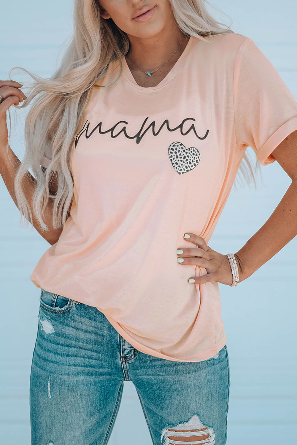 MAMA Leopard Heart Graphic Short Sleeve Top Casual Mother Shirt