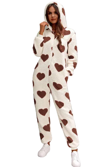 Fuzzy Sherpa Heart Hooded Zip-Up Teddy Sherpa One-Piece Loungewear Jumpsuit