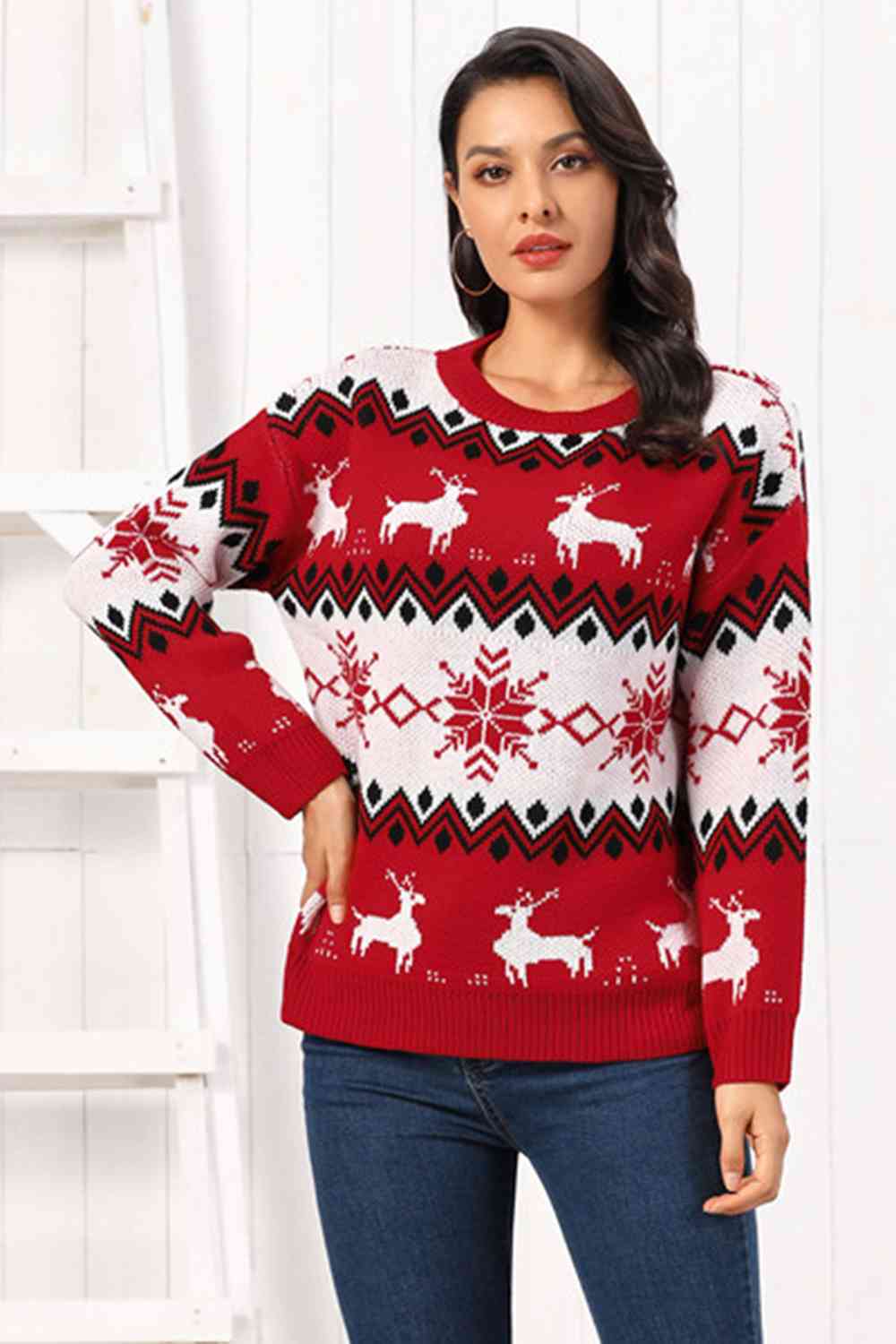 Snowflake Reindeer Fair Isle Knit Round Neck Classy Holiday Sweater Minimalist