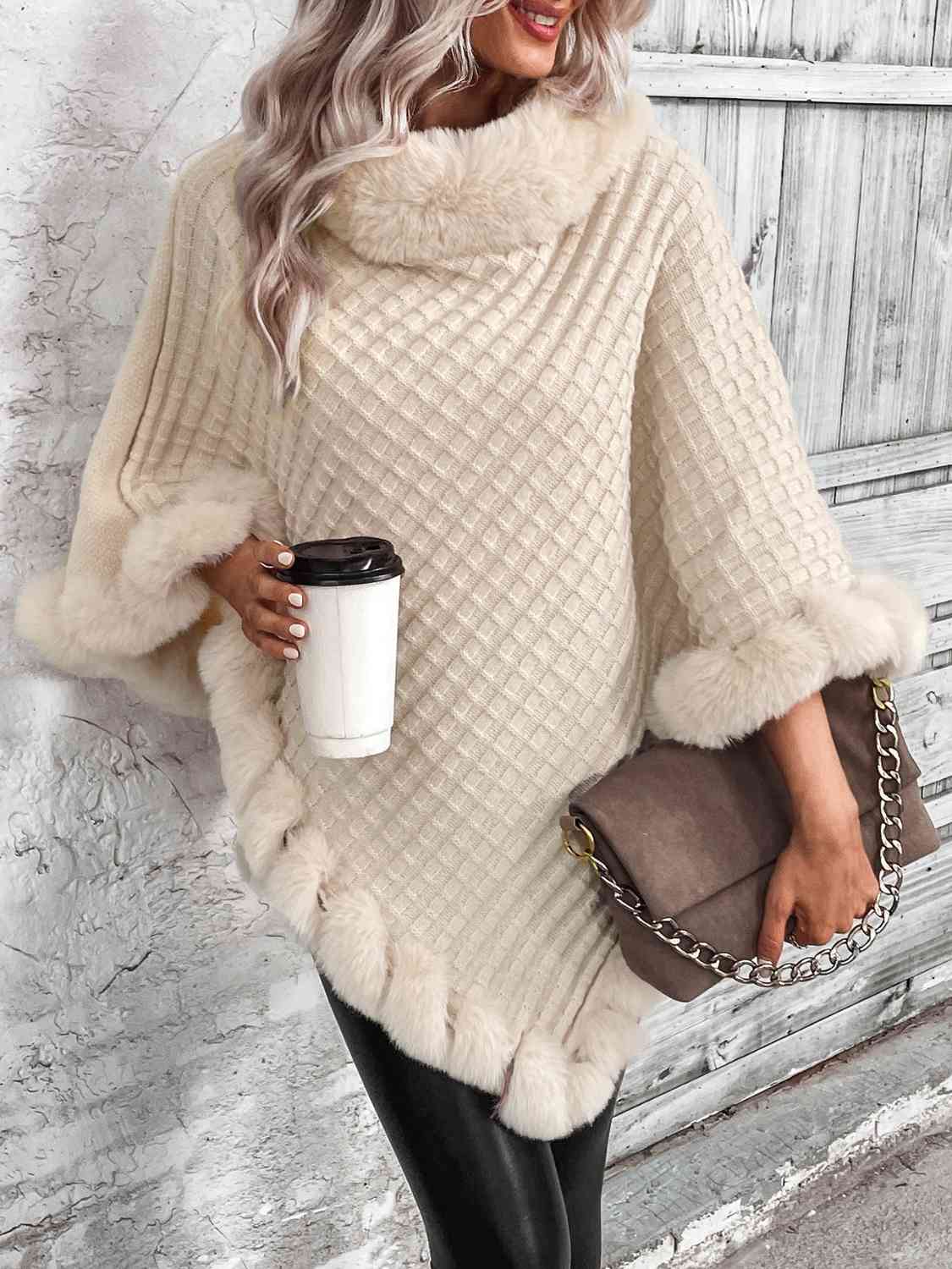 Soft Plush Faux Fur Woven Knit Oversized Pullover Sweater Jacket Poncho