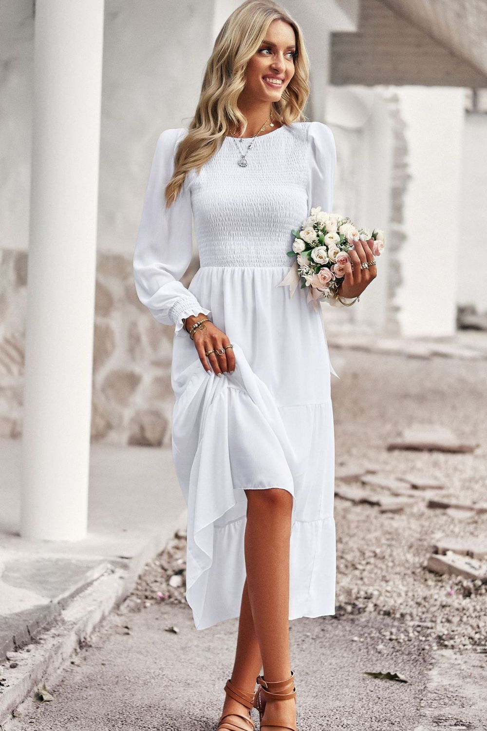 Elegant Smocked Bodice Flounce Long Sleeve Lined Midi Dress