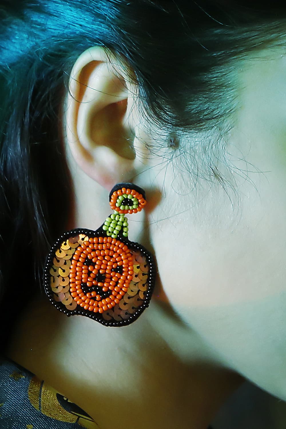 Beaded Sequin Pumpkin Dangle Earrings Halloween Artisan Jewelry