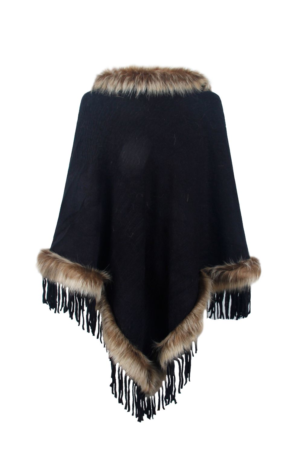 Faux Fur Retro Fringe Hem Textured Knit Pullover Poncho