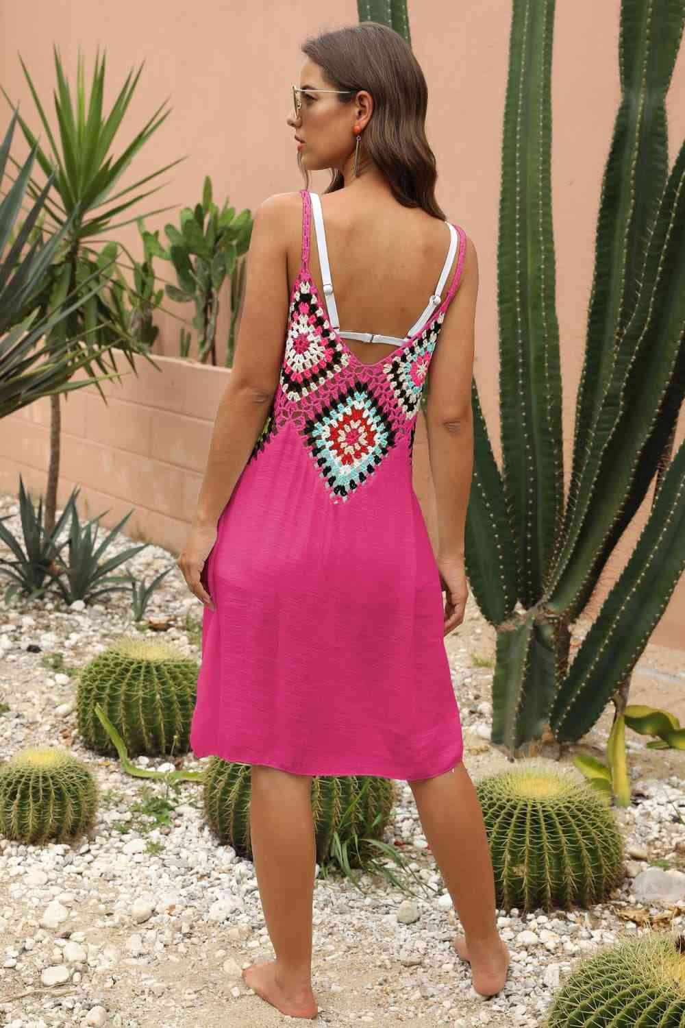 Granny Square Crochet Openwork Retro Swimwear Cover-Up Sleeveless Mini Dress