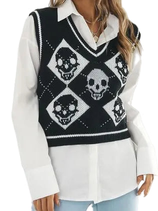 Skull Argyle V-Neck Boxy Knit Sweater Vest Contrast Stripe Sleeveless Pullover Top