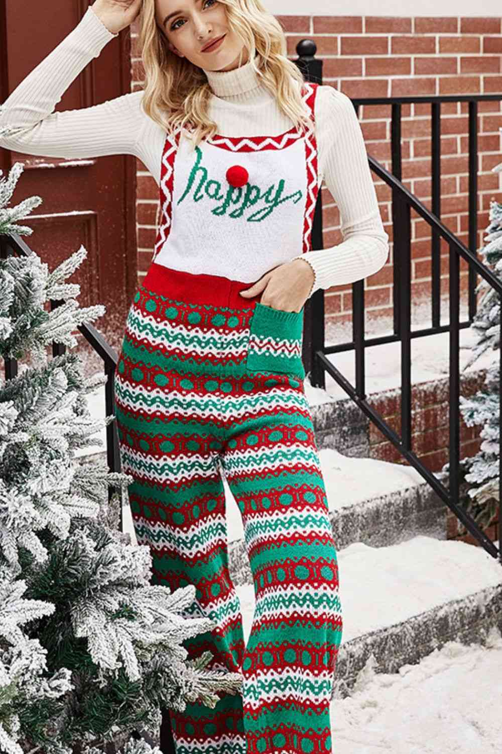 Knit High Waist Bib One-piece Pant Overall Geometric Fair Isle Jumpsuit