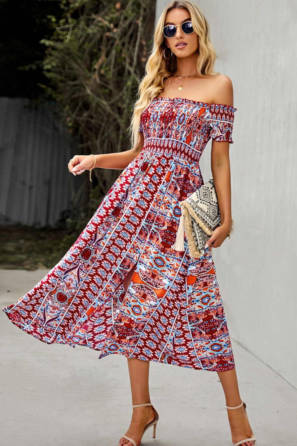 Bohemian Retro 70s Floral Smock Chest Off-Shoulder Midi Summer Dress