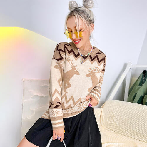 Geometric Reindeer Fair Isle Knit Round Neck Classy Holiday Sweater Top