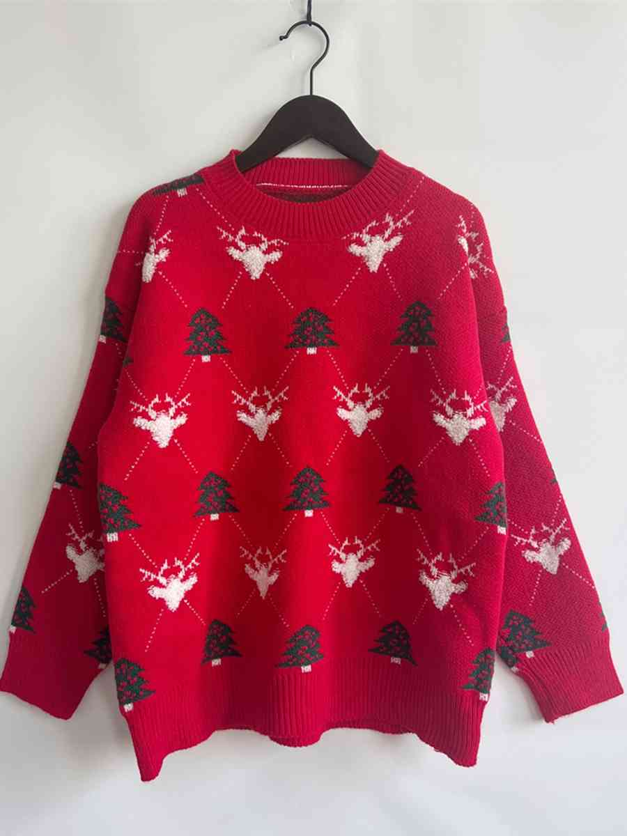 Fuzzy Shag Knit Reindeer Tree Argyle Round Neck Winter Soft Print Sweater