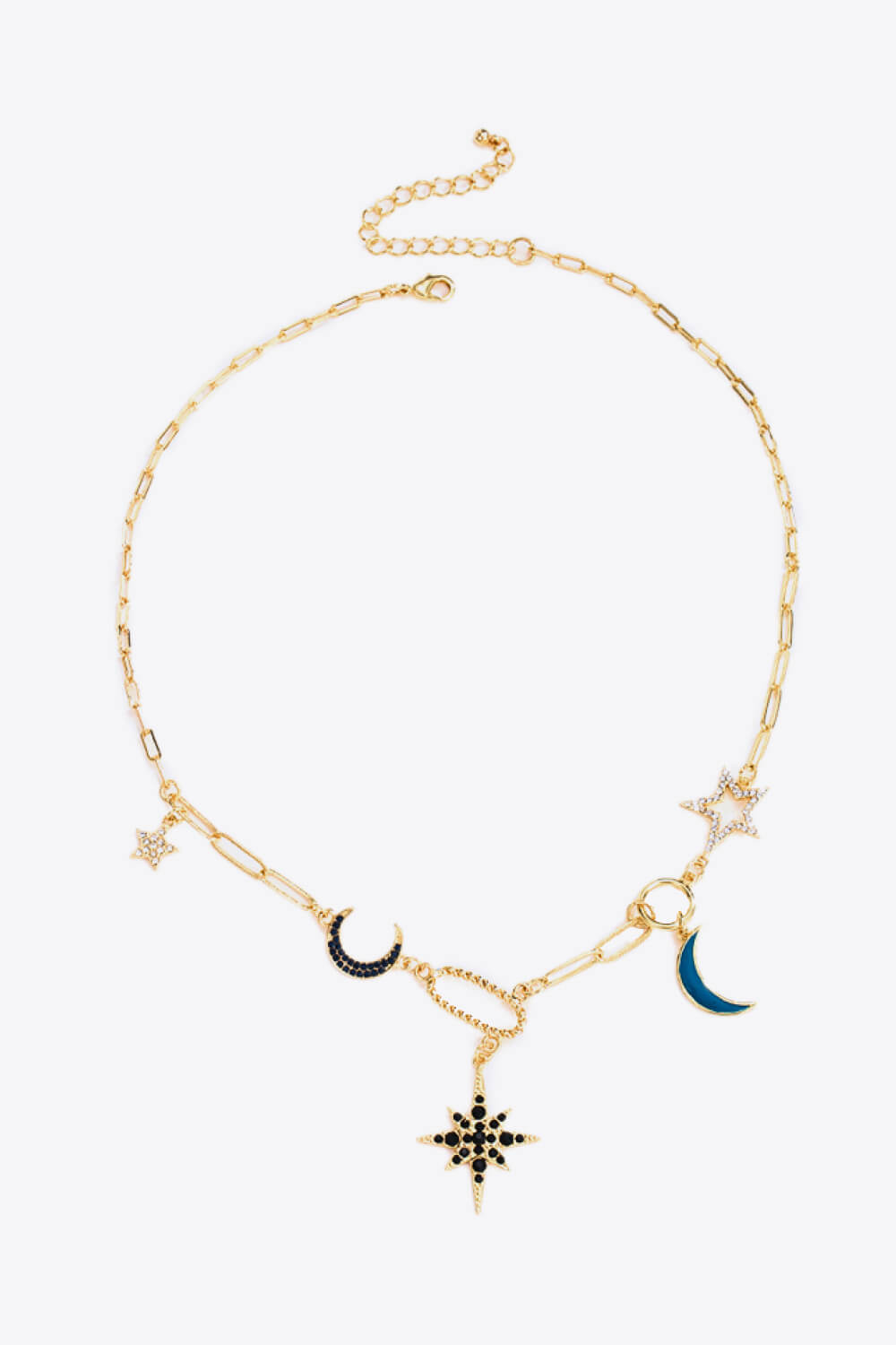 18K GOLD Plated Necklace Star and Moon Rhinestone Milti-link Chain