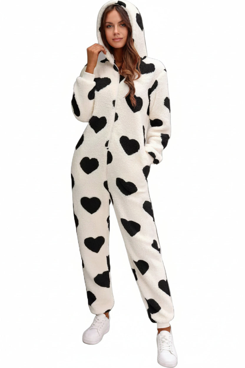 Fuzzy Sherpa Heart Hooded Zip-Up Teddy Sherpa One-Piece Loungewear Jumpsuit