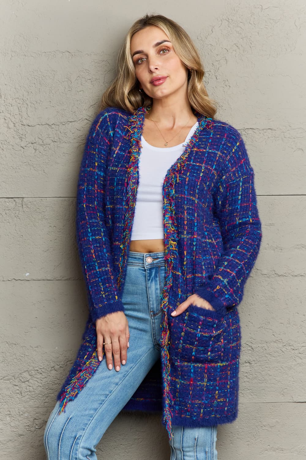 Plaid Retro Knit Colorful Fringe Fur Hem Longline Sweater Cardigan