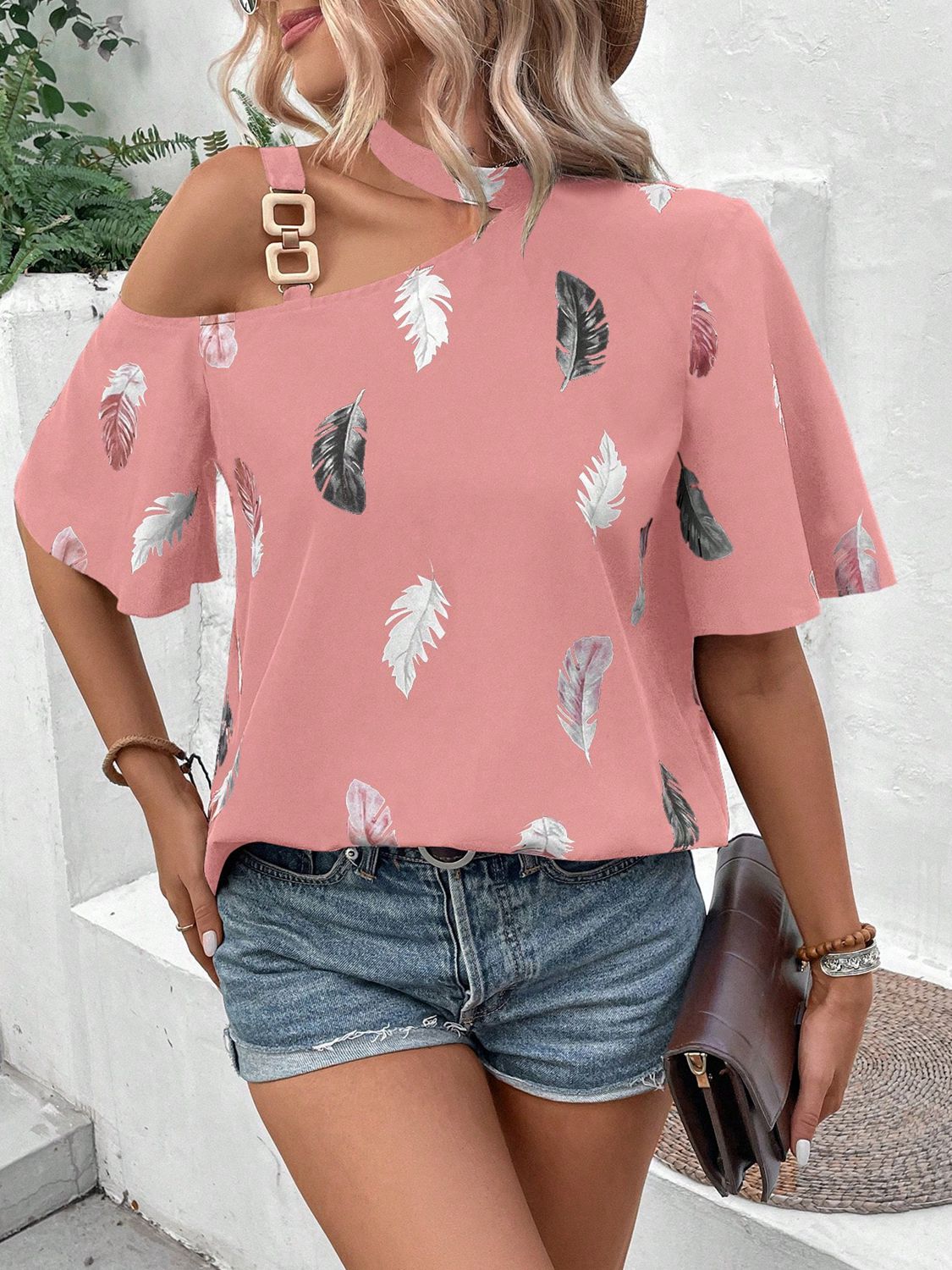 Feather Asymmetrical Cutout Top Gold Chain Shoulder Short Sleeve Blouse