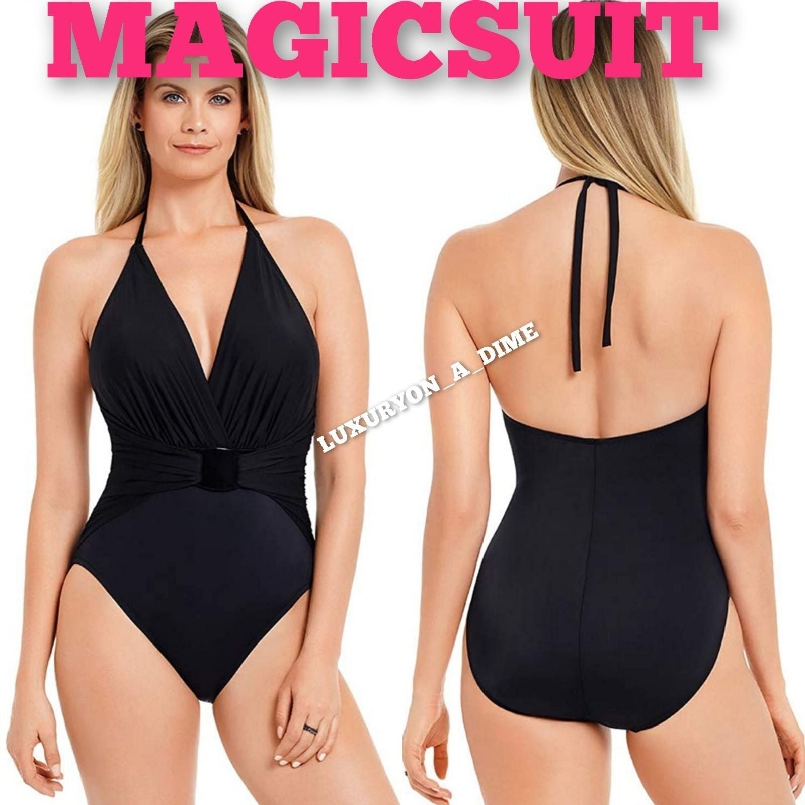 MAGICSUIT Swimwear Angelina Plunging V-neck Belted One-piece swimsuit –  Luxury on a Dime