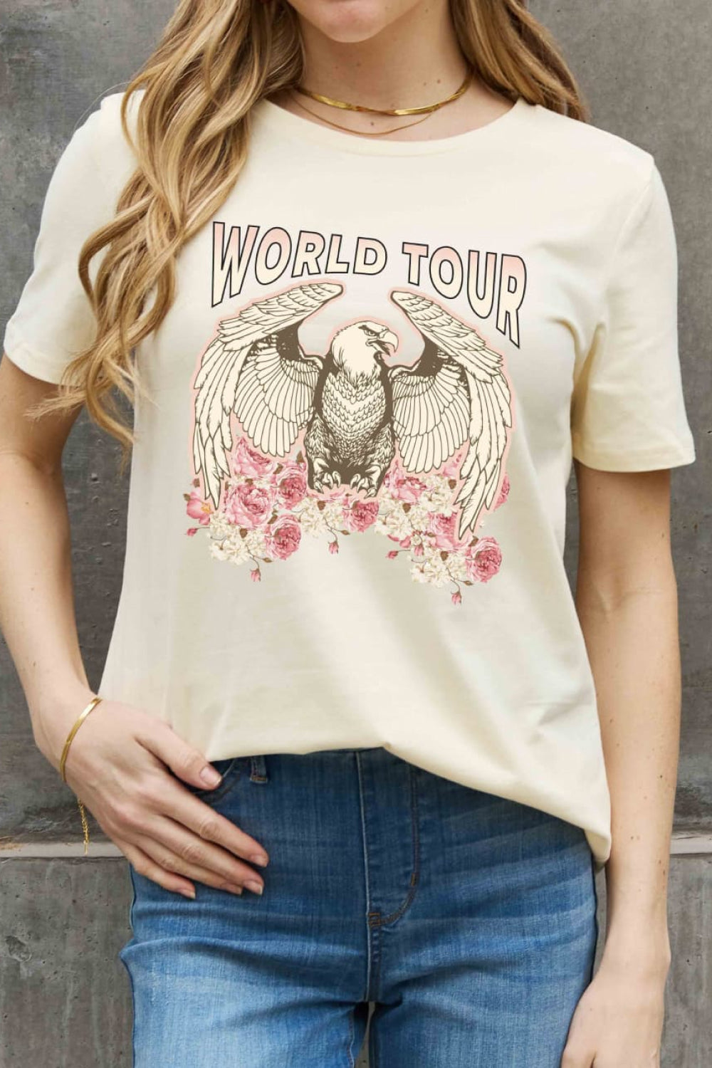 WORLD TOUR Roses American Eagle Graphic 100% Cotton Tee Shirt (Plus Size Available)