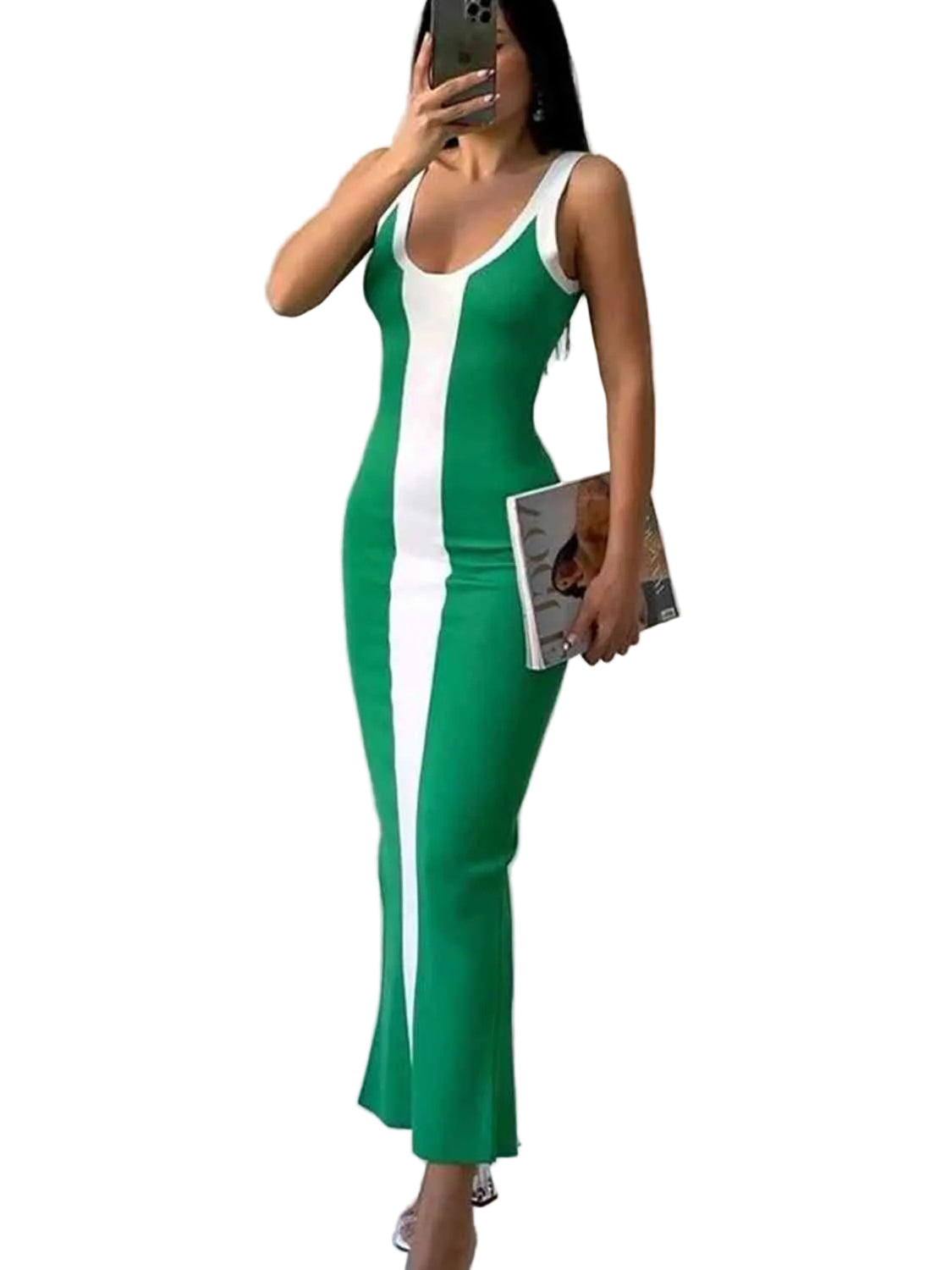 Contrast Colorblock Scoop Neck Fitted Sleeveless Bodycon Back Slit Midi Dress
