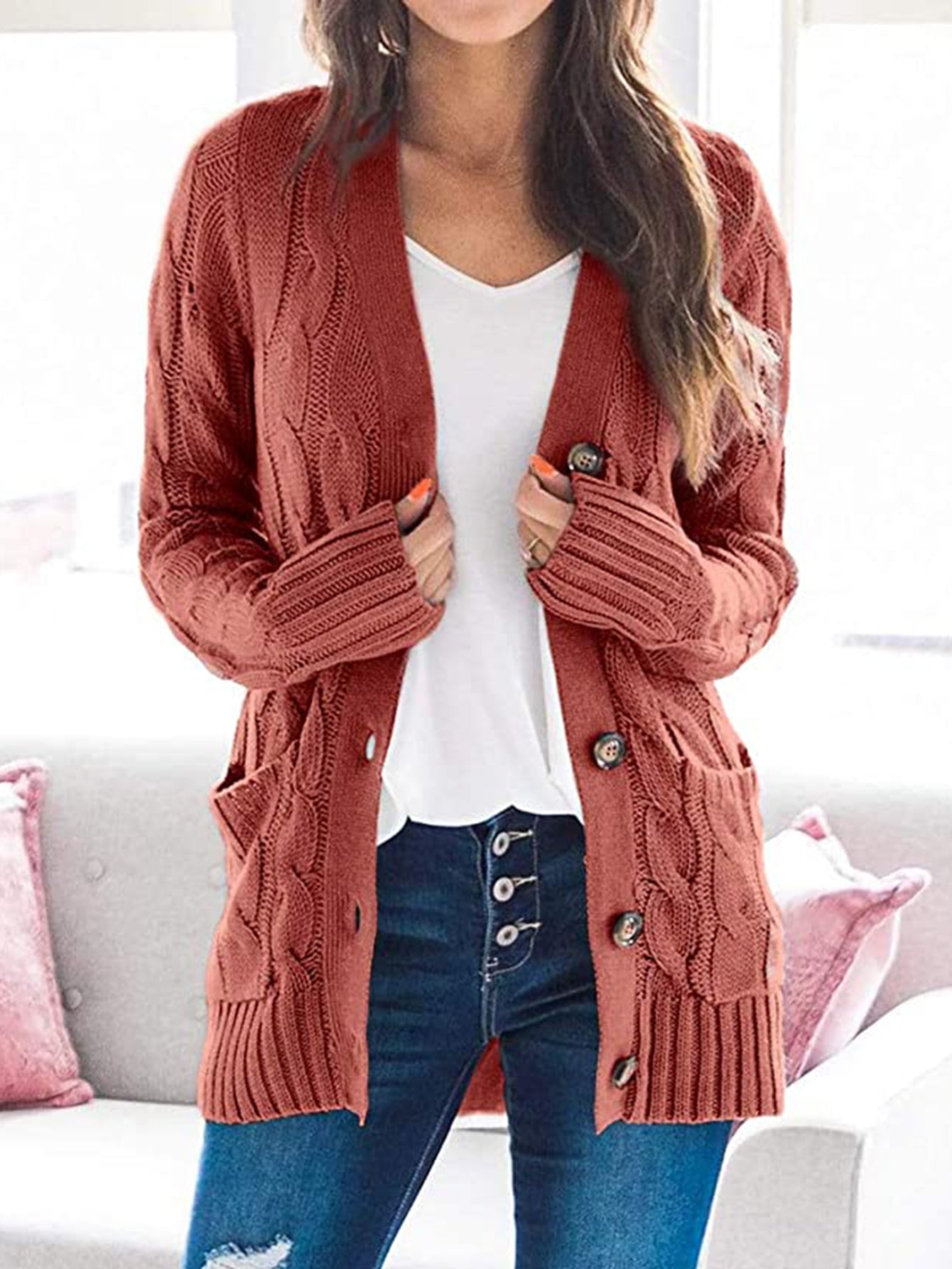 Classic Cable-Knit Buttoned Oversized Cardigan Patch Pockets